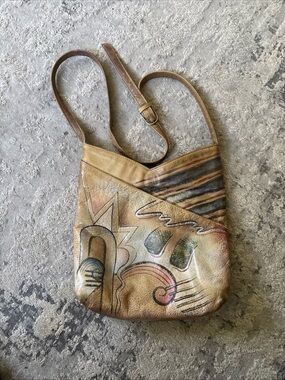Allen Edward VTG Tan Leather Crossbody with Multicolor Abstract Painting